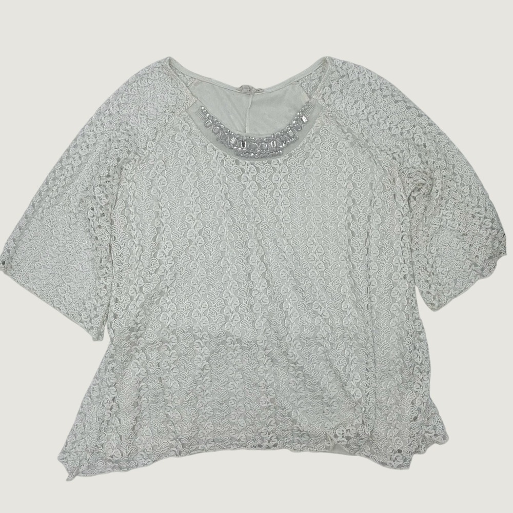 Brittany Black Woman White Lace Embellished Neckline Blouse Top 1X AR7950